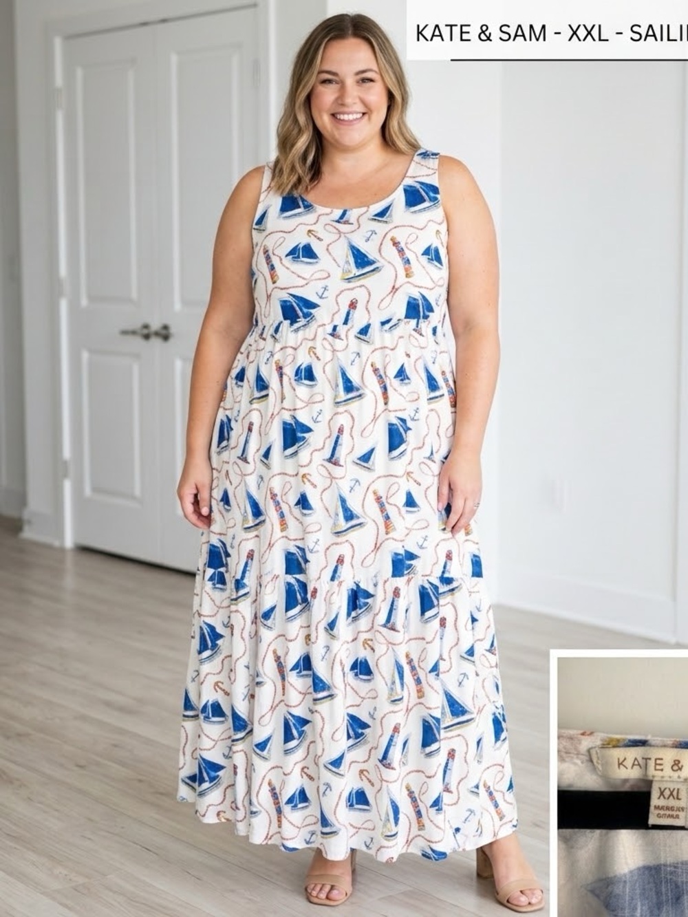 Plus Sailboat-Print Sleeveless Maxi Dress in White & Blue